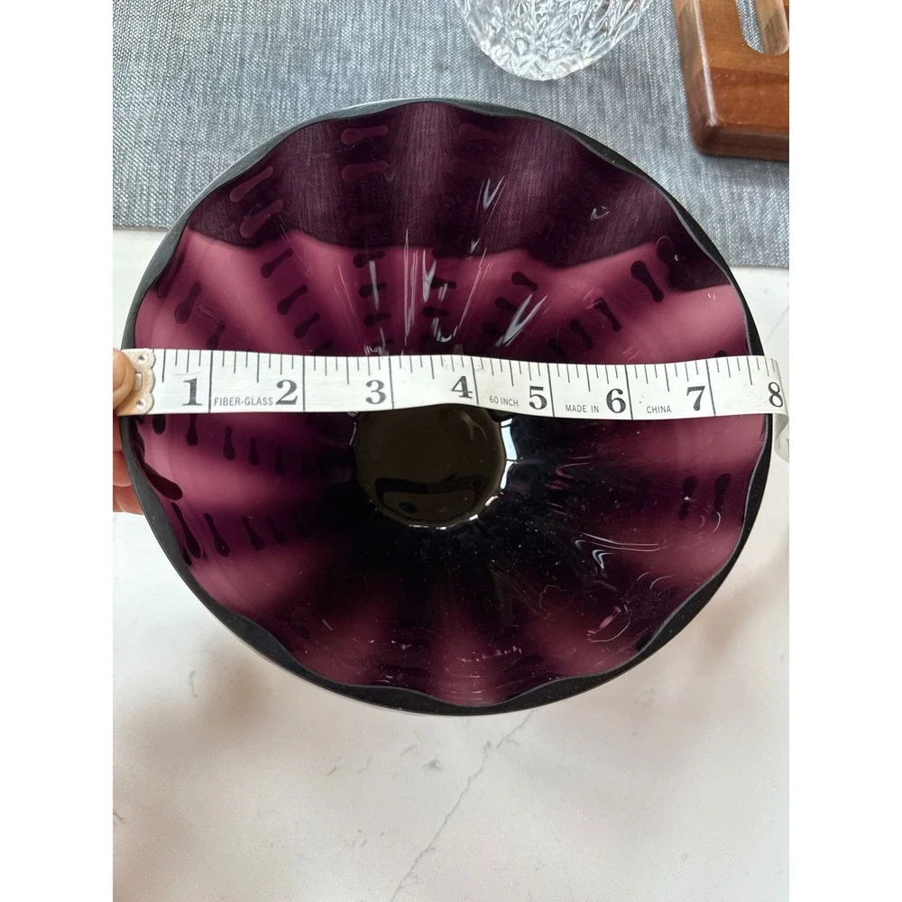 Mid-Century Style Amethyst Art Glass Bowl - Polished Base White‎ Dashes Motif
